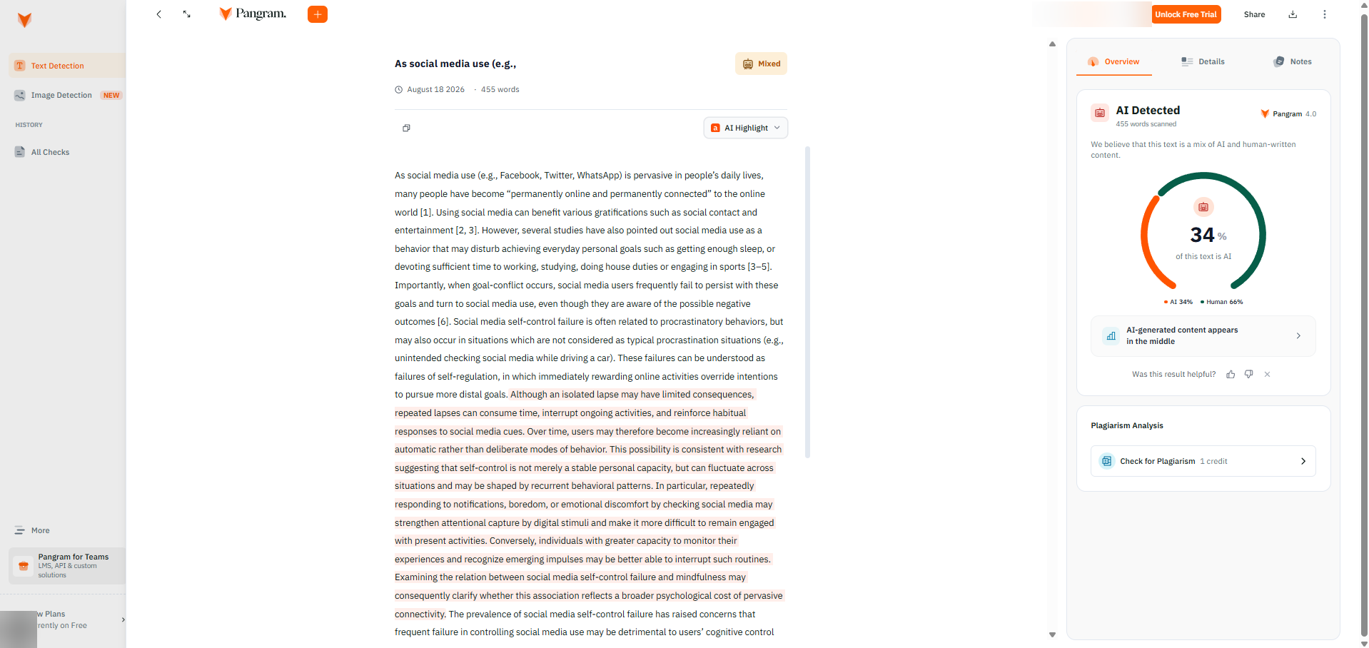 Pangram on the study's hybrid text: 34% AI, correctly located in the middle.