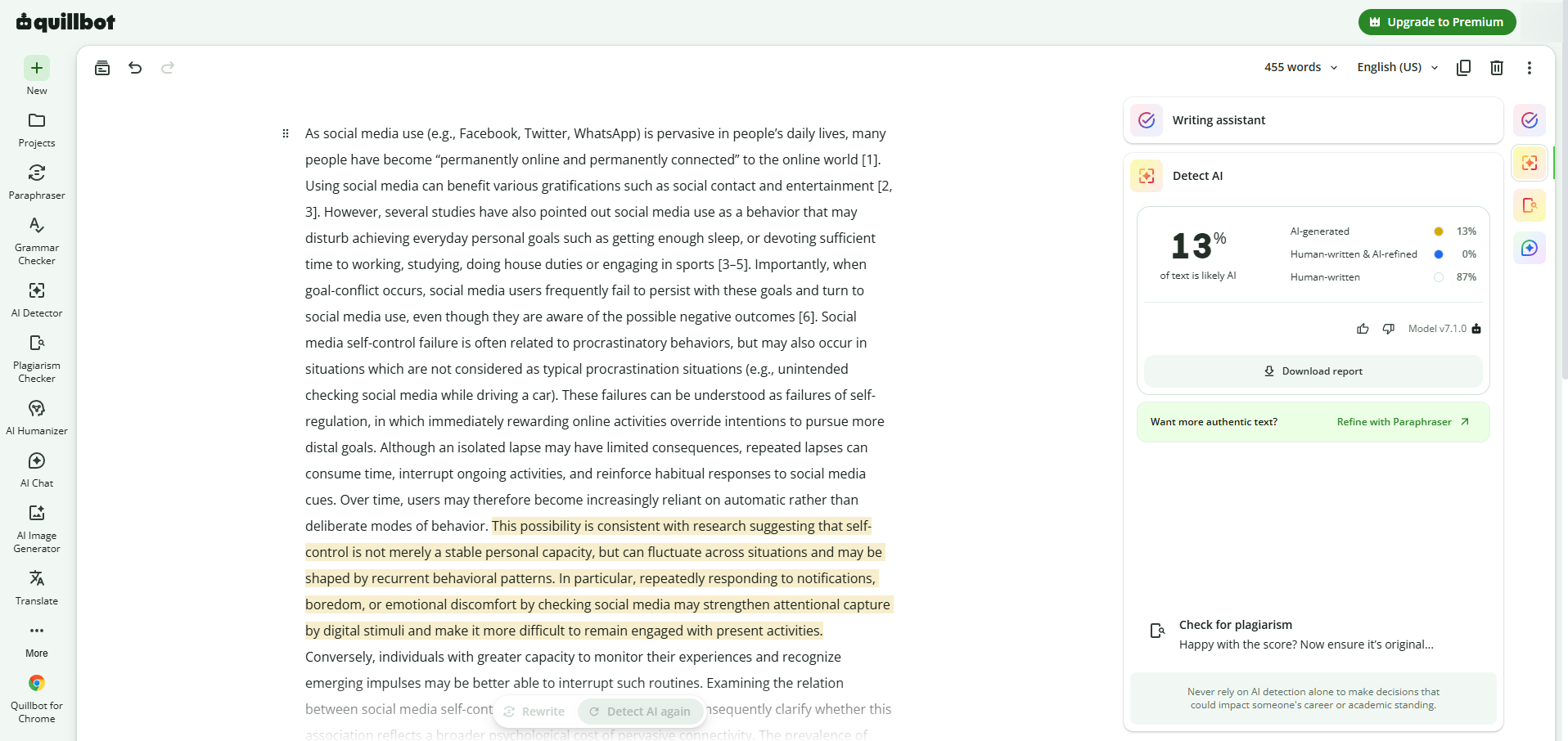 QuillBot's own AI detector on the study's hybrid text: 13% likely AI.