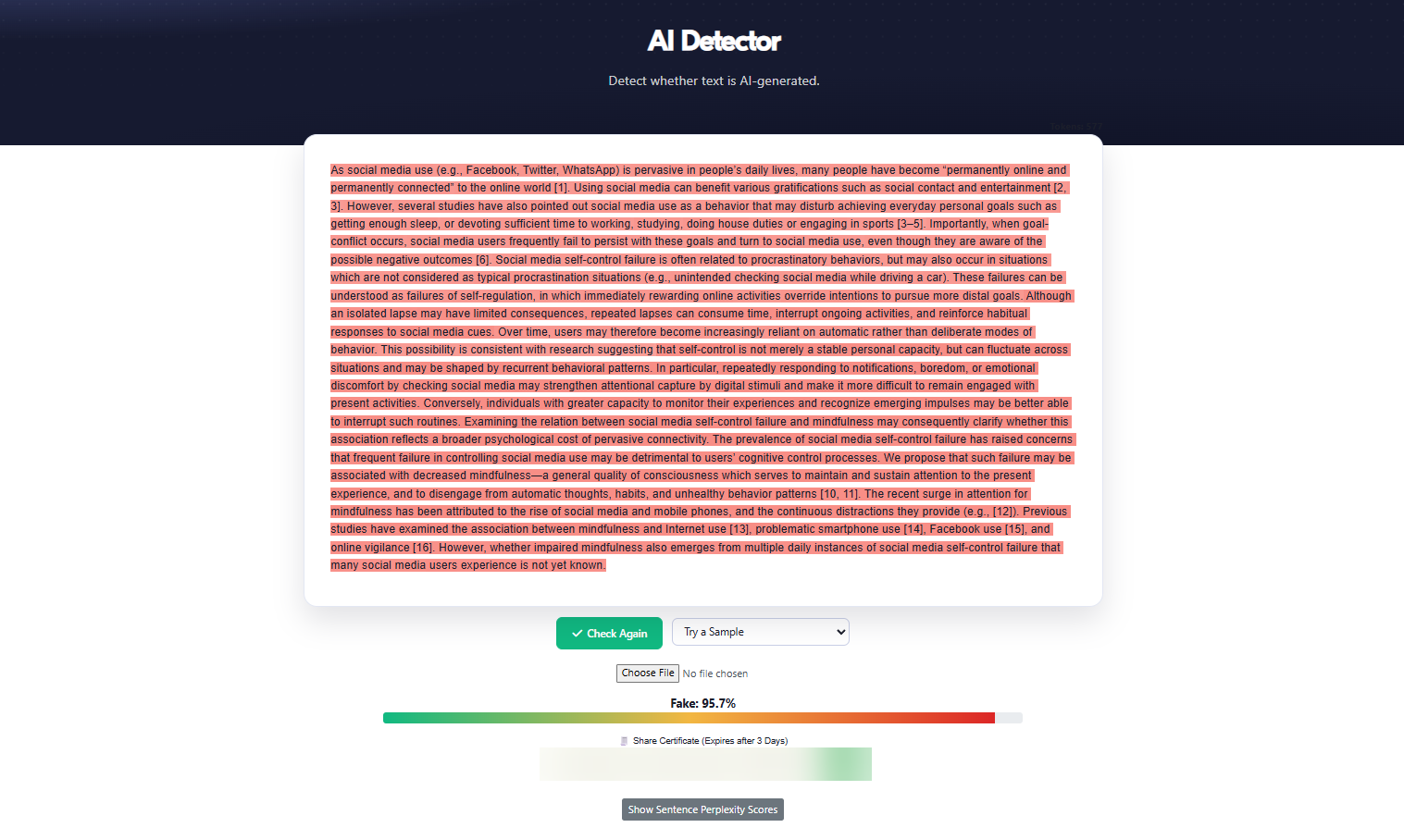 Sapling on the identical words: "Fake: 95.7%."