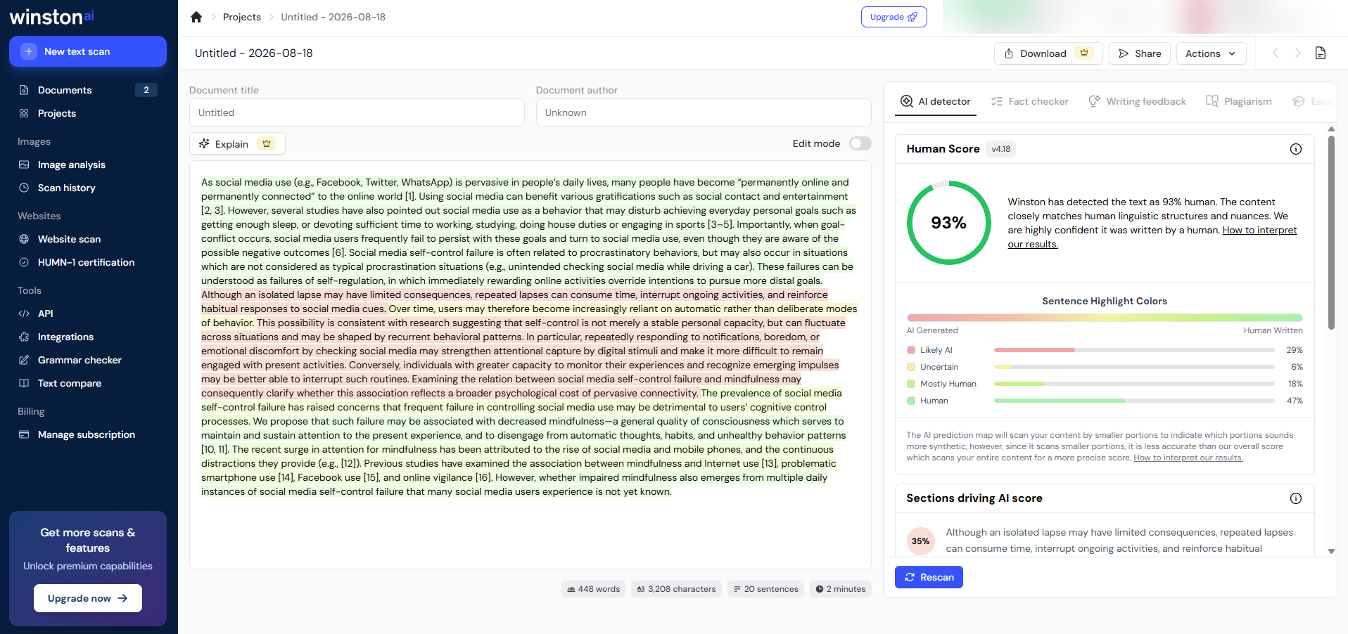 Winston AI on the study's hybrid text: a 93% Human Score.